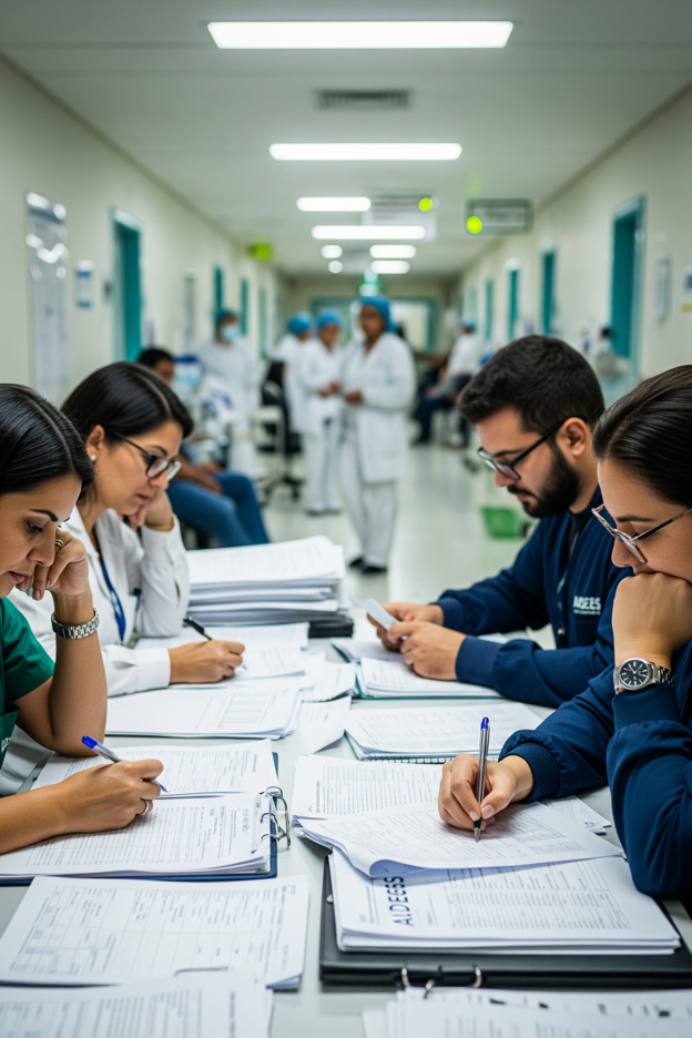Equipes multiprofissionais da ADEGES em atendimento e gestão de documentos em unidade de saúde